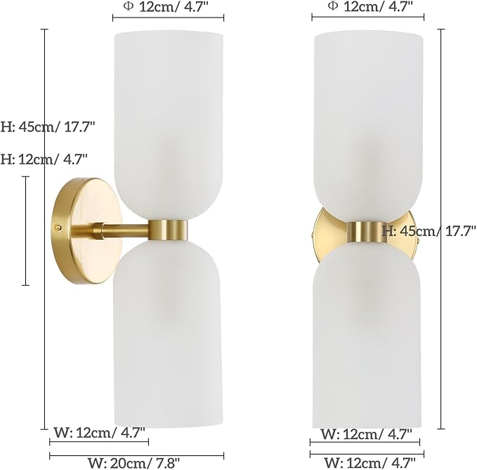 Minimalist 2-Light Gold Wall Sconces with Cylinder Glass Shades- Mid Century Vanity Wall Double Lights Hardwired- Modern Indoor Glass Wall Mounted Art Decor Lights (Frosted White, 1 Pack)