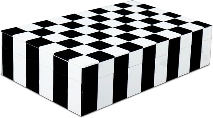 Handicrafts Home Decorative Storage Box with Lid, Black and White Decorative Remote Holder Box, Coffee Table Storage Box for Living Room, Console Table & Shelf Decor, Puzzle Check - 10 x 6 x 2.5