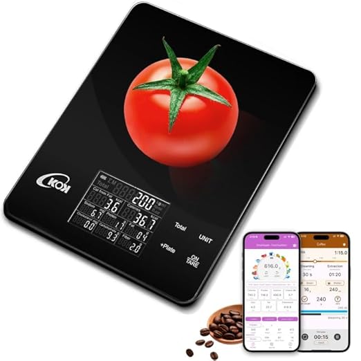KOK Smart Food Scale with 30 Nutritional Calculator, Coffee Timer Function APP, Track Calorie, Macro, Carb for Weight Loss Keto and Diabetic, Espresso Scale Weight Grams and Ounces 5 Unit 1g/0.05oz
