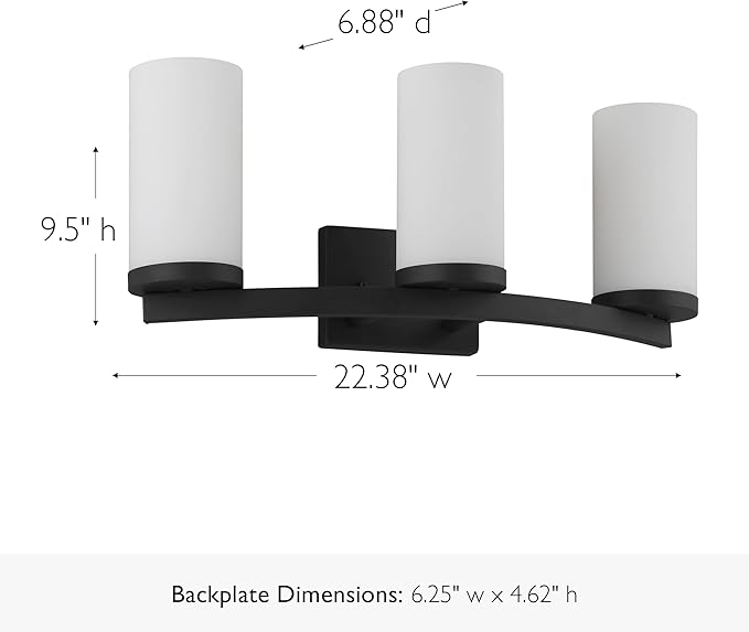 Design House Desta Vanity Light, 3-Light, Curved Bar Design, Frosted Glass Glow, Dimmable, Up/Down Mountable, E26 Socket, Black, 22.4 in L x 6.9 in W x 9.5 in H, 589150-BLK