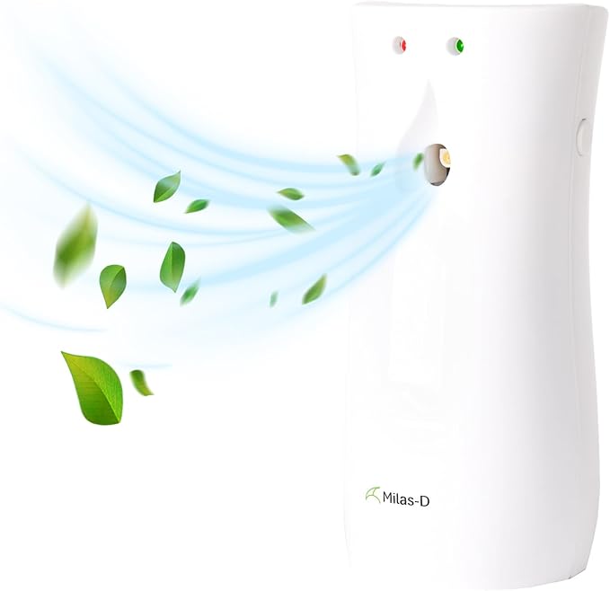 Automatic Air Freshener Spray Dispenser, Custom Timing (Day/Night/24H, 7.5/15 min interval), Wall Mounted or Free Standing, for Home and Commercial, Compatible with Glade Refill Can, White, Milas-D