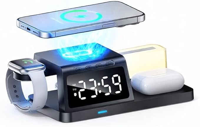 IHAO 6in1Digital Alarm Clock with Wireless Charging Station Night Light 15W Fast Charging for Qi Phone Headphone Bracket for iWatch LED Display Dimmable Brightness-HT309 White