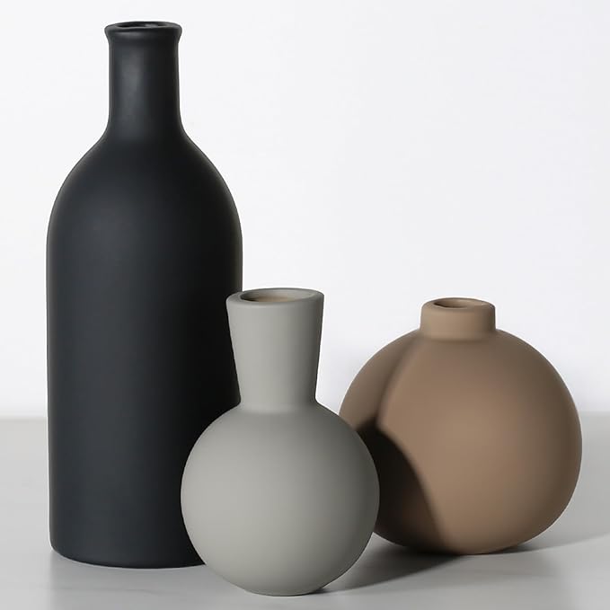 Ceramic Vase - Handmade Pottery Neutral Tone Home Decor for Floral Arrangements, Table Mantel Tray Decor - Modern Farmhouse Vases for Living Room Bedroom Kitchen Entryway (Multicolor-Black, 3 PCS)