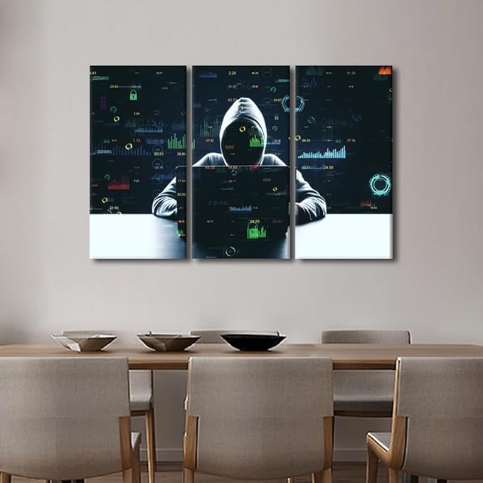 TUMOVO 3 Pieces Wall Art Hacker Malware Paintings for Home Wall Decorations AI Big Data Canvas Prints Hacker Artwork for Home Walls Contemporary Home Decor Framed Ready to Hang Posters, 42" Wx28 H