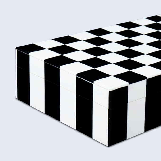 Handicrafts Home Decorative Storage Box with Lid, Black and White Decorative Remote Holder Box, Coffee Table Storage Box for Living Room, Console Table & Shelf Decor, Puzzle Check - 10 x 6 x 2.5