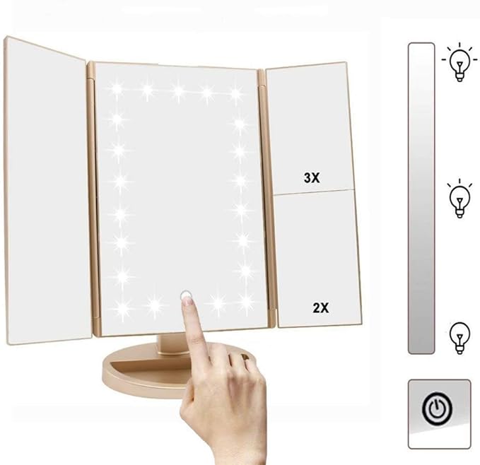 Trifold Makeup Mirror Vanity Mirror with Lights,1X 2X 3X Magnification,Touch Control,Adjustable Rotation,Dual Power Supply,Portable Travel Cosmetic Mirror,Birthday Gifts for Women,Teengirls