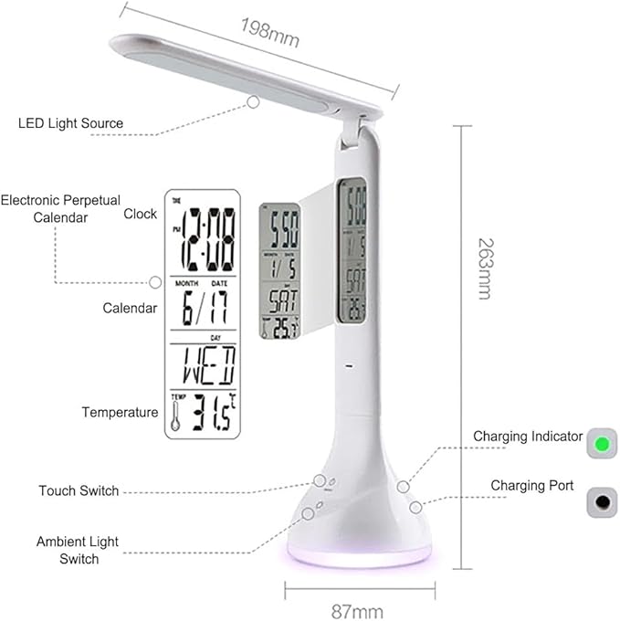 AYI Desk Lamp with LED Display Eye-Caring LED Table Lamp with Calendar, Temperature Display, Multi-Angle Adjustable 7-Color Gradient Ambient Modern Office Lamp for Home & Office-T19 White