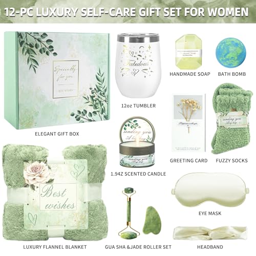 Women's Self Care Gift Basket with Luxury Flannel Blanket & Rose Scented Spa Set - Relaxing Birthday Gifts for Women, Get Well Soon Present for Her, Mother's Day Gift for Mom, Wife, Girlfriend