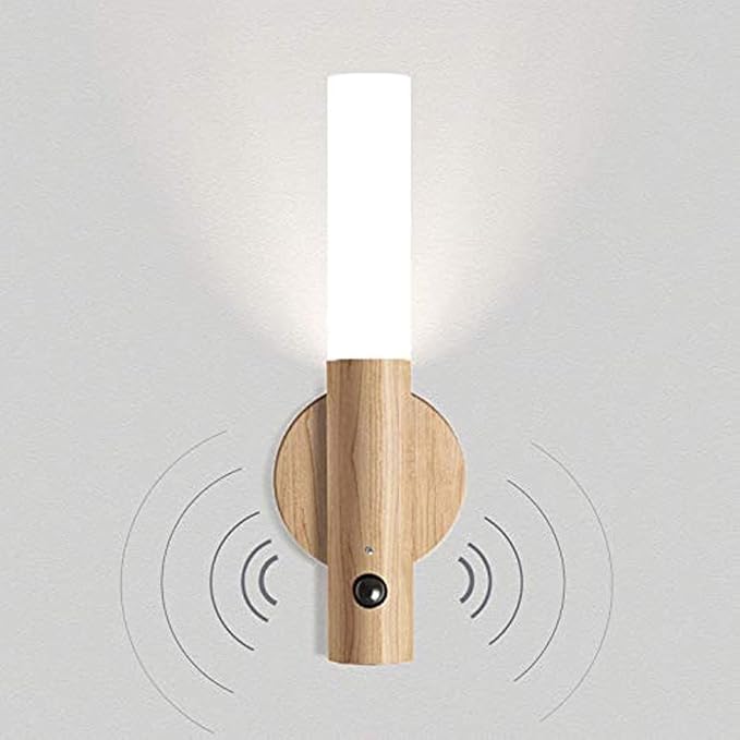 Battery Operated Wall Sconce Cordless LED Wall Light with Motion Detection Indoor USB Rechargeable Night Light Wood Stick Magnet Wall Lighting Fixtures with Switch Small Portable Cabinet Lights
