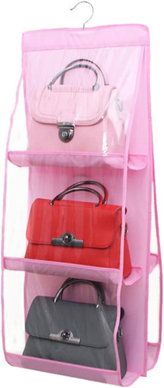 HAN SHENG 6 Pockets Clear Handbag & Purse Organizer Hanging Bag Storage - Space Saving Hanging Shelf for Closet, Wardrobe, Over Door (1 Pack, Pink)