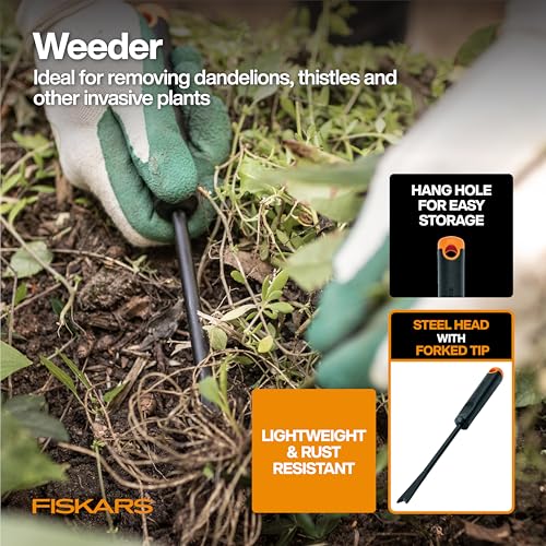 Fiskars Vegetable Gardening Essentials 6-Piece Tool Set for Cultivating, Serrated Stainless Steel Shears & 4-in-1 Seed Sower for Planting, Rust-Resistant Steel Trowel, Cultivator, Weeder, L/XL Gloves