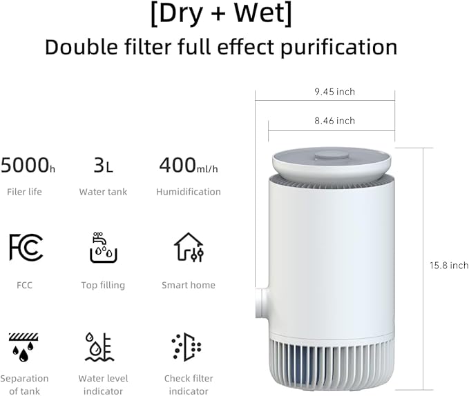 2 in 1 Air Purifier and Evaporative Humidifier Combo for Bedroom, H13 True HEPA Filter, Cool Mist-Free Air Humidifiers Pets Dust Smoke Pollen T3pro, White