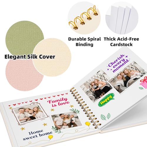 Vienrose 10 x 10 Inch Scrapbook Album Gift Set, Linen Hardcover Photo Book with 40 White Pages, DIY Memory Book Kit with Accessories for Wedding, Baby Shower, Travel, Christmas (LightGreen, 20 Sheets)