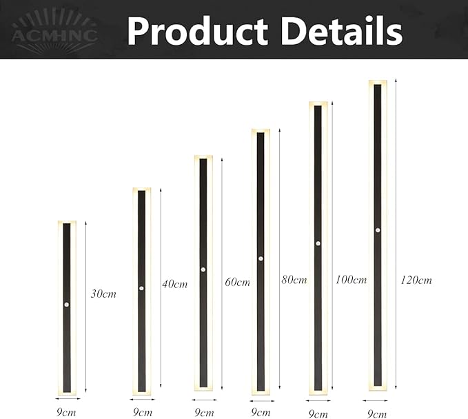 Indoor Long Wall Lamp with Motion Detector, Nordic Modern LED Wall Lamps for Bedroom, Living Room, Bathroom, Hallway, Stairs -Warm White 3000K Metal Black Wall Lights,120cm