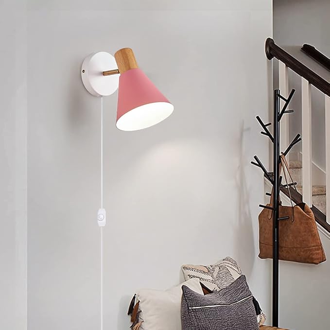 ClanKin Wall Sconces Lighting Set of 2 for Bedroom, Black Dimmable Wood Style Wall Sconce Reading Lamp, Adjustable Wall Light for Bedroom Hallway Living Room (Pink-Plug in, 2)