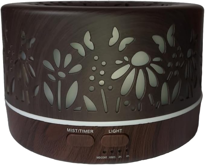 Wild Essentials 700ml Designer Large Room Essential Oil Diffuser, 5 in 1 Ultrasonic Aromatherapy Vaporizer Cool Mist Humidifier, Home, Office Bedroom, Timer, Auto-Off, 7 Color LED (Dark Wood Flowers)