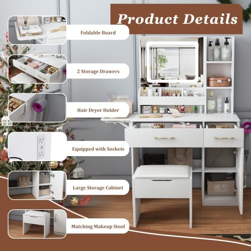 Makeup Vanity Desk with Mirror and Lights, Vanity Table Set with Storage Drawers, Charging Station & Storage Stool, Large Dressing Table for Women Girls Bedroom, White