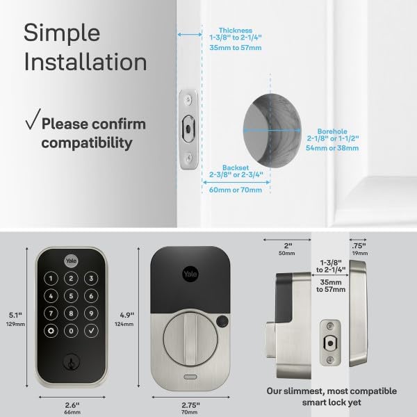 Yale Security Assure Lock 2 Touch Deadbolt, Satin Nickel Keyed Smart Entry Door Lock with Wi-Fi Connected Keypad and Fingerprint Scanner for Code Entry and Remote Access, YRD410-F-WF1-619