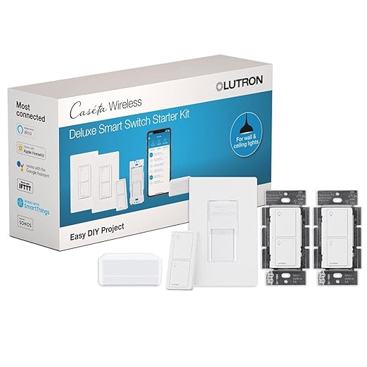 Lutron Caseta Deluxe Smart Light Switch Kit w/ Wall Plate and Smart Hub, Compatible w/ Alexa, Apple Home, Google Home, Single-Pole/3 Way, 5 Amp, P-BDG-PKG2WS-WH