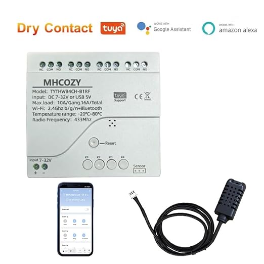 4 Channel Tuya app Dry Contact WIFI Wireless Smart Temperature Humidity Sensor Realy Switch,Compatible with Alexa Google Home, TYTHWB4CH-B1RF