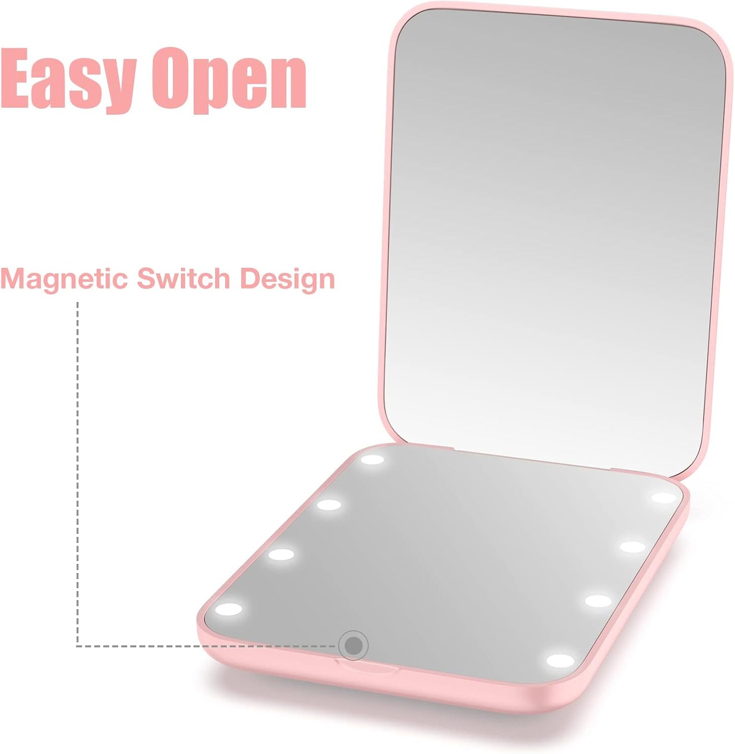 WOBSION Small Mirror with Lights,LED Compact Makeup Mirror,1x/3x Mini Travel Mirror with Magnification,Portable for Purse,Pocket,Gifts for Girls,Pink