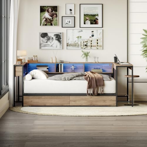 Full Corner Bed Frame with Desk and Storage Bookcase, L- Shaped Daybed with 2 Drawers, LED Lights & 2 Charging Station, Modern Metal Full Size Platform Bed for Kids/Teen Bedroom, Brown