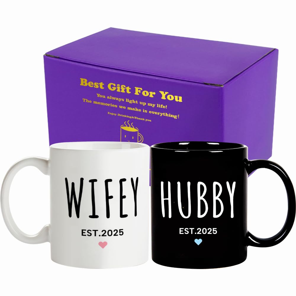 Fatbaby Hubby Wifey Est 2025 Couple Coffee Mug, Bridal Shower Engagement Wedding Anniversary Valentines Day Gifts For Couples Newlywed Husband Wife His Her Tea Cup 11 OZ