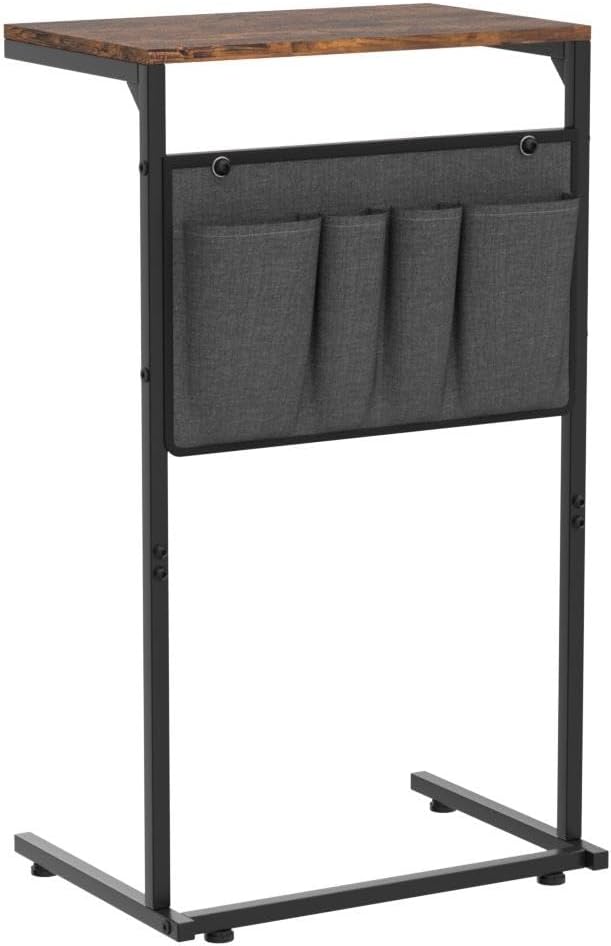 Vantic C Shaped End Table, Small Side Table for Couch and Recliner, Slide Under Sofa Tray Desk with Storage Bag for Living Room and Bedroom, Rustic Brown