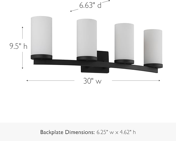 Design House Desta Vanity Light, 4-Light, Curved Bar Design, Frosted Glass Glow, Dimmable, Up/Down Mountable, E26 Socket, Black, 30.0 in L x 6.6 in W x 9.5 in H, 589168-BLK