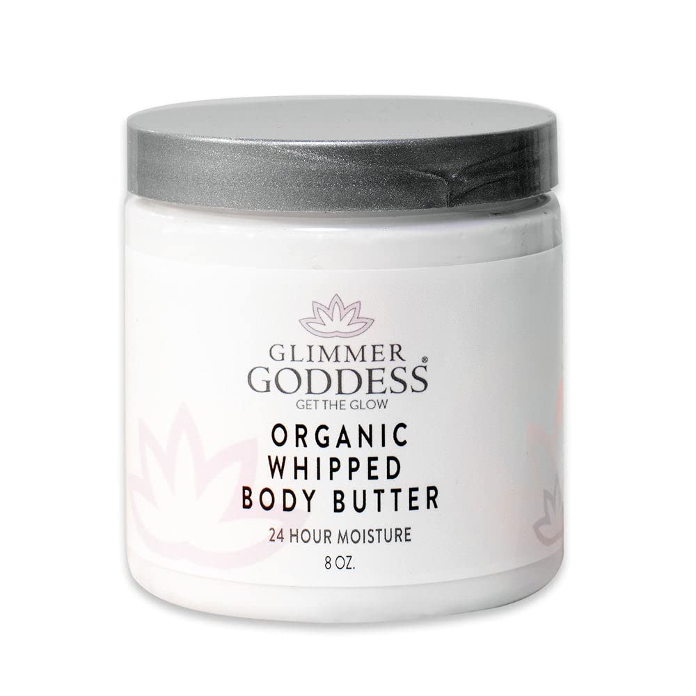 Glimmer Goddess Organic Whipped Body Butter for Women - Moisturizer Cream with Shea & Cocoa Butter, Almonds & Coconut Oil - Jasmine, 8oz