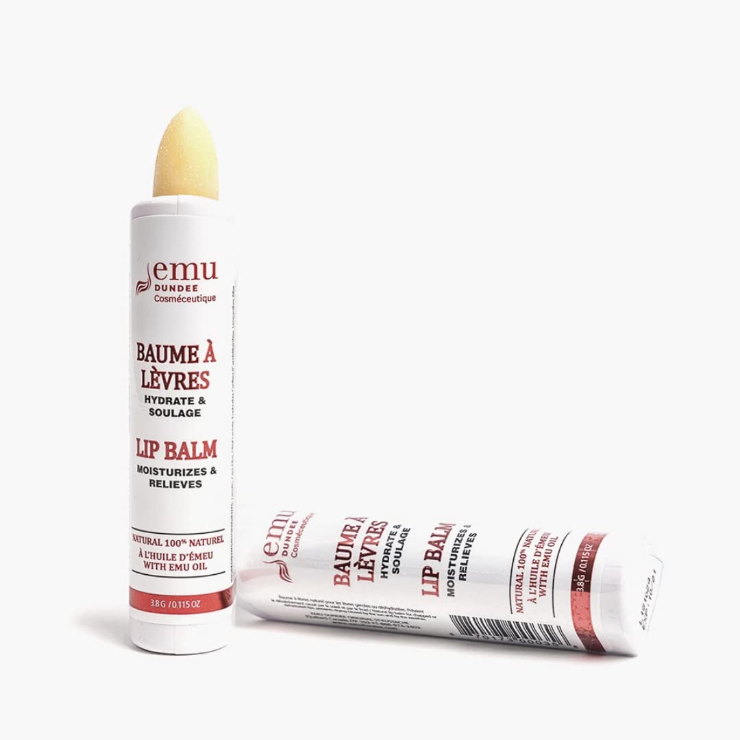 Emu Dundee | 2 Tubes of Natural Lip Balm with Emu Oil, Made in Canada | Relieves, Hydrates and Soothes Dry, Cracked & Chapped Lips | Fragrance Free(2x 3.8g)