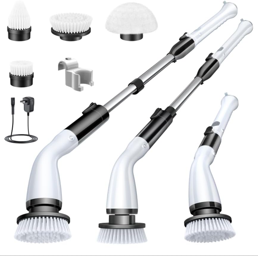 LABIGO Electric Spin Scrubber LA1 Pro, Cordless Spin Scrubber with 4 Replaceable Brush Heads and Adjustable Size Extension Handle Power Full Cleaning Brush for Bathroom Floor (Deep Black)