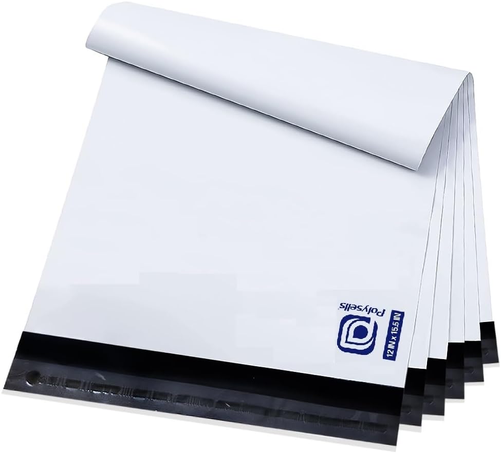 POLYSELLS 100 Pack 12x15.5 Inch White Poly Mailers Shipping Envelopes, Strong Adhesive Sealing, Waterproof, and Tear-resistant Postal Mailing Bags for Clothing, Books, and Accessories