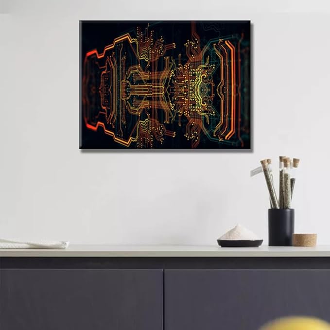 Wall Art for Living Room Circuit Board Canvas Wall Art Wall Decor Computer Chip Wall Painting CPU Concept Wall Paintings for Bedroom Framed Art for Home Decorations Ready to Hang 12X16 INCH