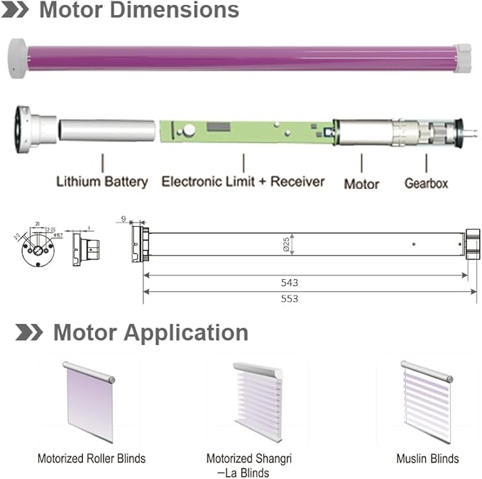 Motorized Roller Shade Kit for 1.5" Tube (38mm), Rechargeable Battery Electric Blinds Motor with Remote, High Torque 1.1N.m/2N.m, Wireless Retrofit for Window Shades, 2800mAh (1.1N.m Torque)