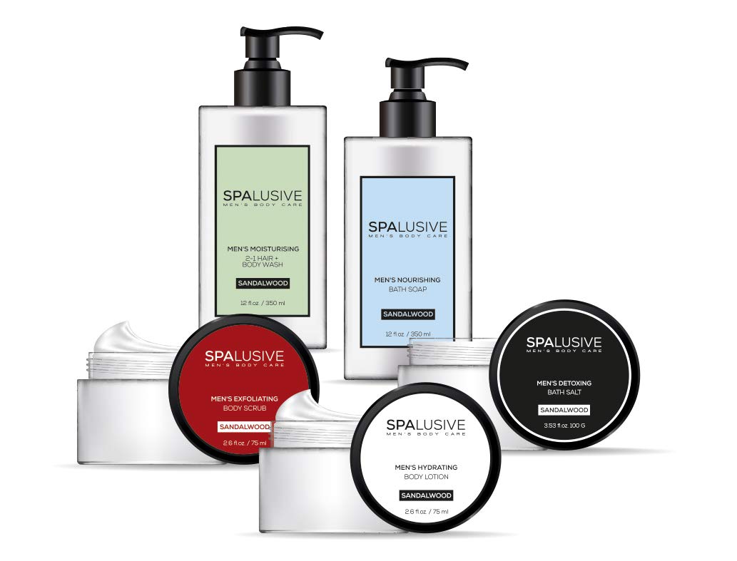 SpaLusive Luxury Spa Gift Set for Men - Natural Men’s Gift Basket - Great Gift For Guys for Holidays, Birthdays, High School, College Grad, Father’s Day Bath And Body Set - Fresh Sandalwood Scent