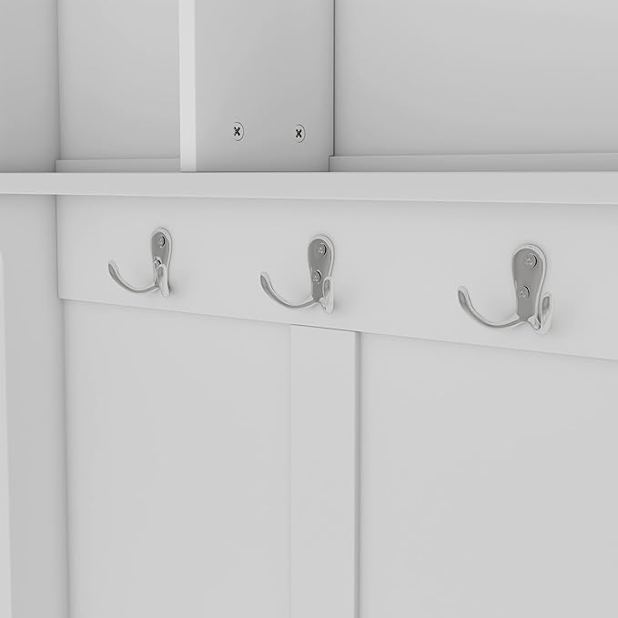 Modern Entryway 3-Tier Hall Tree, Coat Rack with Shoe Storage, Bench Seat, 6 Metal Hooks and Open Shelves, for Organized Homes (White)