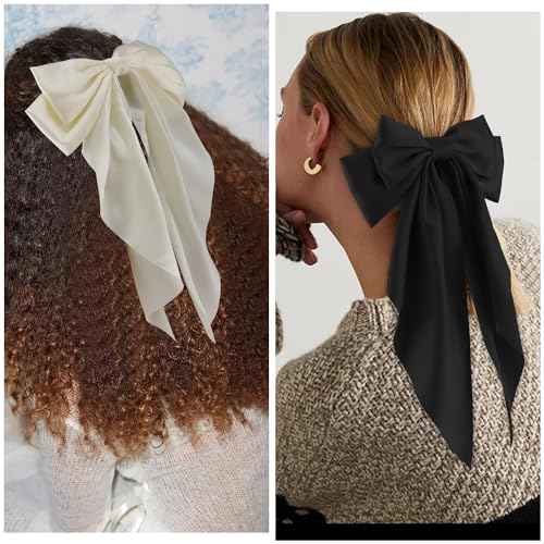 Silky Satin Hair Bows 2Pcs Big Hair Bows for Women Hair Ribbons Oversized Long Tail White Hair Bow Black Hair Bow Large Hair Ribbon Barrettes Metal Clips Bowknot Aesthetic Hair Accessories