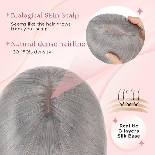 SEGO Grey Hair Toppers for Women Real Human Hair With Bangs, 7 * 13 CM Silk Base Clip In Topper Wiglet, Top Pieces for Women with Thinning Hair -6 Inch #G1 Silver Grey