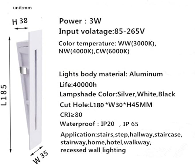 3W Recessed Led Stair Light AC85-265V Indoor IP20 Outdoor IP65 Corner Wall Lights Stairs Step Stairway Hallway Staircase Lamp,Modern Wall Sconces