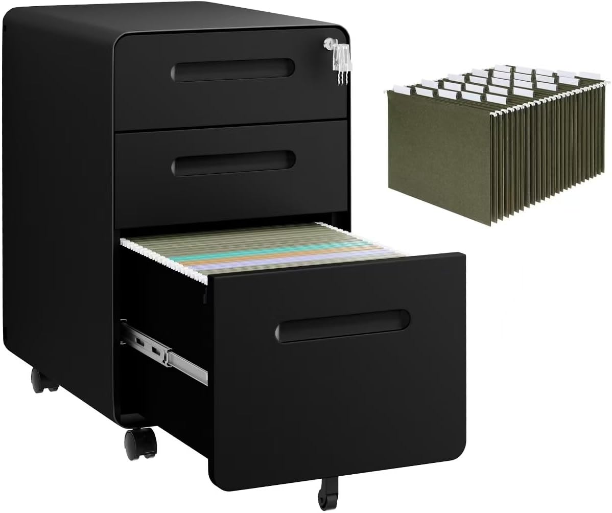 3 Drawer File Cabinet with Lock and 4 Keys, Mobile Metal Filing Cabinet, File Cabinets for Home Office, Under Desk, Pre-Assembly, File Drawer, Letter/Legal/A4 Hanging File Folders