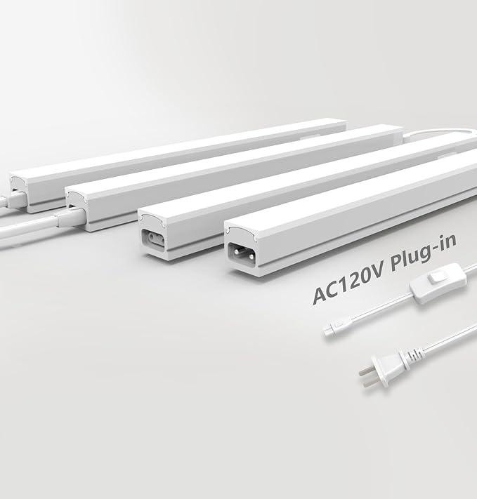 Under Cabinet Lighting Plug in, 12 Inch 4 Pcs, Linkable AC120V 3CCT 3000K/4000K/5000K Ultra Slim, LED Under Cabinet Lights for Counter Light, Kitchen, Shelf, Sink, Workshop, Desk, White