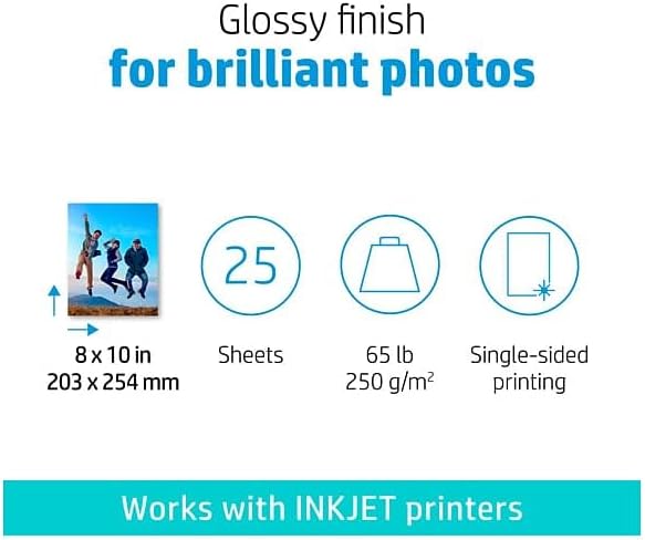 HP Advanced Photo Paper, Glossy, 65 lb, 8 x 10 in., 203 x 254 mm, 25 sheets