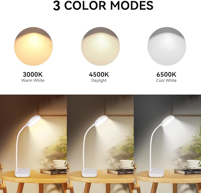 Desk lamps for home office,Black,Battery desk lamp,5W Rechargeable desk lamp,3 Colors,Adjustable brightness,360°Gooseneck Hose,Small rechargeable reading lamp,Eye-friendly and Energy Saving