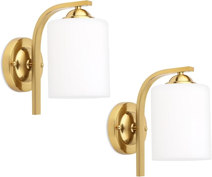 CANMEIJIA Gold Wall Light Fixtures, Wall Sconce 2 Light, Gold Wall Lamp Bathroom Vanity Lightting for Mirror Bedroom Hallway Kitchen Porch, Milky White Glass Shades, E26 Socket, Bulbs Not Included
