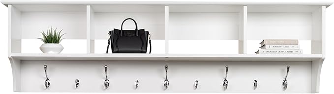 Prepac 60" Contemporary Wall Mounted Coat Rack, Coat Hooks Wall Mount with 4 Shelves, Ideal for Hallway or Entryway Storage Solution, 11.5"D x 60"W x 16.5"H, White