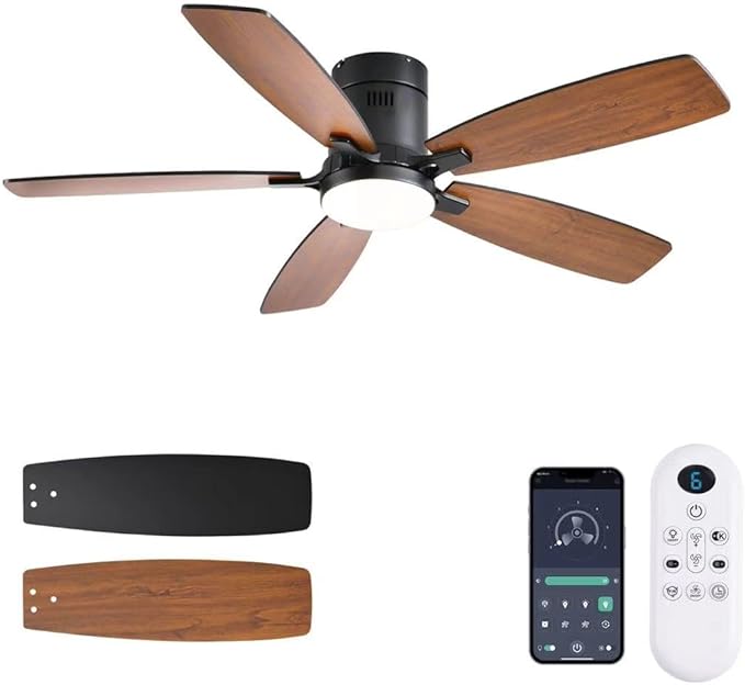 52inch Ceiling Fans with Lights, Low Profile Ceiling Fan with Light and Remote Control/APP Control, Flush Mount, Reversible Motor, Dimmable, Noiseless, Brown Ceiling Fan for Bedroom (Brown)
