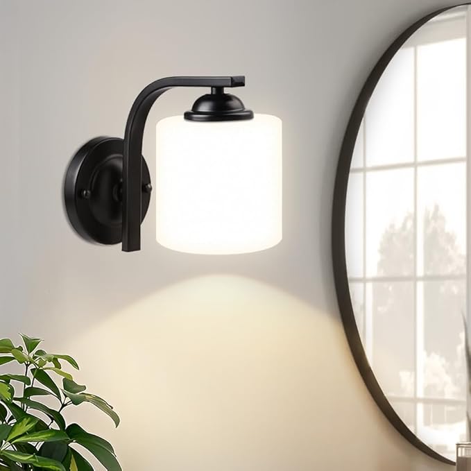 Wall Sconce 2-Light, Modern Wall Lighting Fixture, Bathroom Vanity Lights with Matte Black Wall Lamp for Mirror Bedroom Kitchen Hallway Porch, Milky White Glass Shades, E26 Socket, Bulbs Not Included