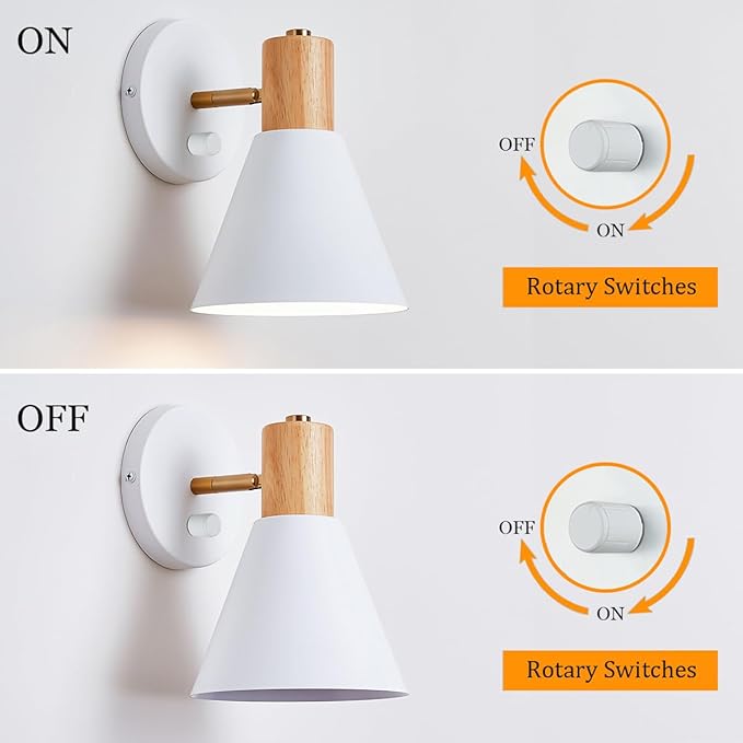 ClanKin Wall Sconces Lighting Set of 2 for Bedroom, White Adjustable Wood Style Wall Sconce Reading Lamp, Wall Light for Bedroom Hallway Living Room (White-Hardwired, 2)