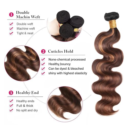 P4/30 Highlight Human Hair Body Wave Bundles 24 26 28 Inch Brazilian Virgin Hair Double Weft Quick Weave 3 Bundles Soft Silky Weave for Black Women